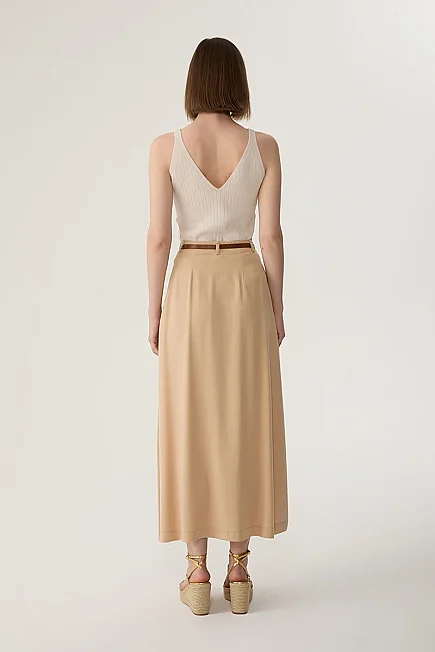 Lyocell Maxi Skirt with Leather Belt - Beige - 5