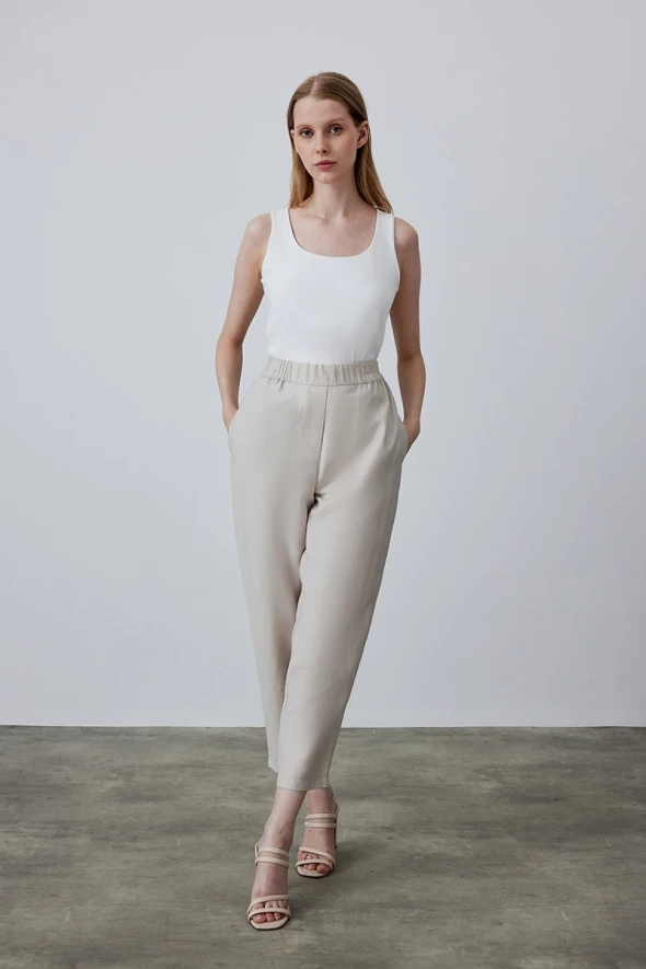 Lyocell Pants with Elastic Waist - Stone - 4