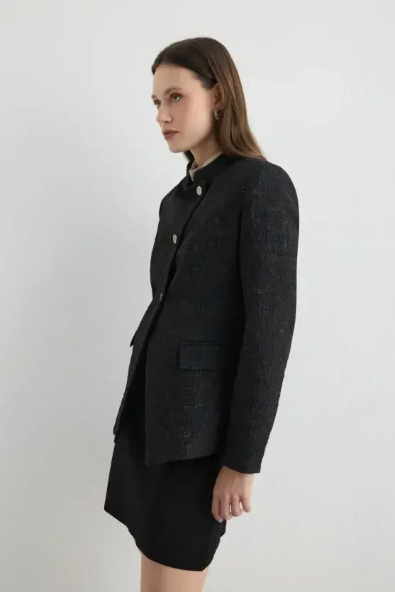 Mandarin Collar Jacquard Jacket - Black - 5