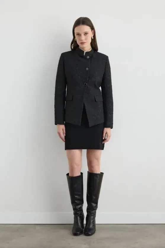 Mandarin Collar Jacquard Jacket - Black - 3