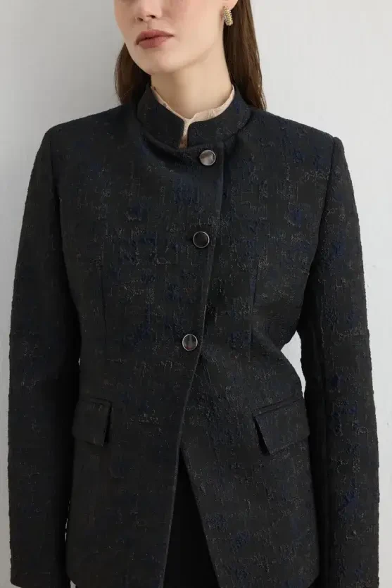 Mandarin Collar Jacquard Jacket - Black - 6