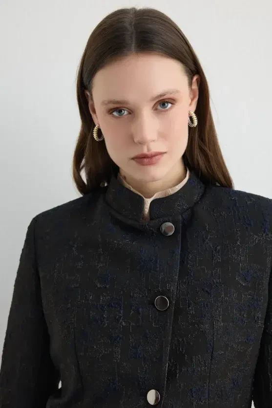 Mandarin Collar Jacquard Jacket - Black - Gusto