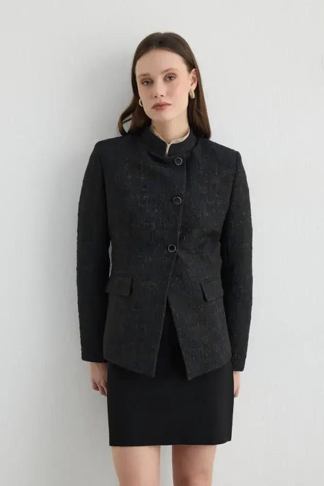 Mandarin Collar Jacquard Jacket - Black Black