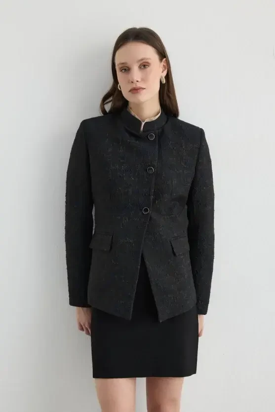 Mandarin Collar Jacquard Jacket - Black - 1