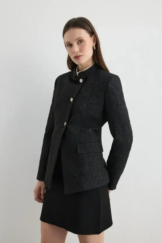 Mandarin Collar Jacquard Jacket - Black - Gusto