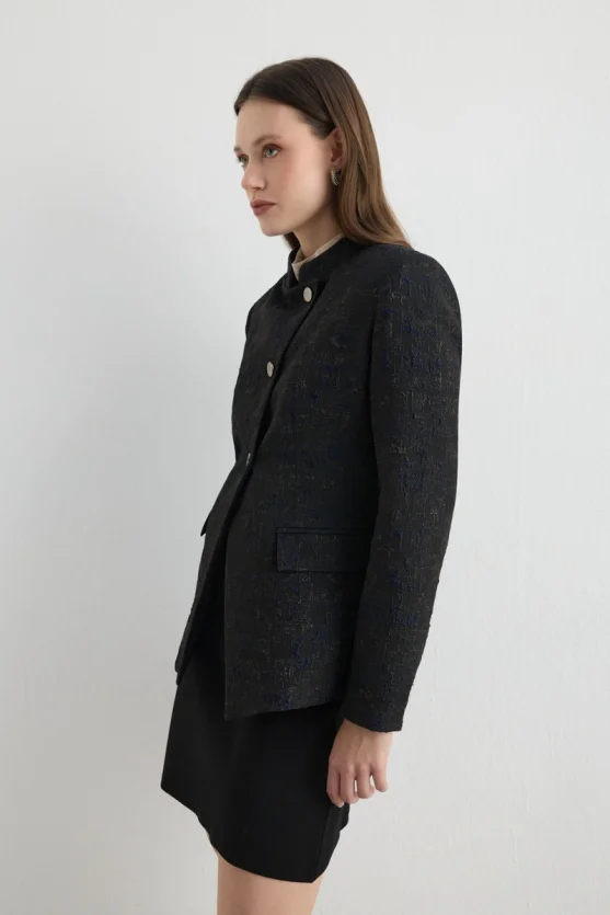 Mandarin Collar Jacquard Jacket Black - Gusto