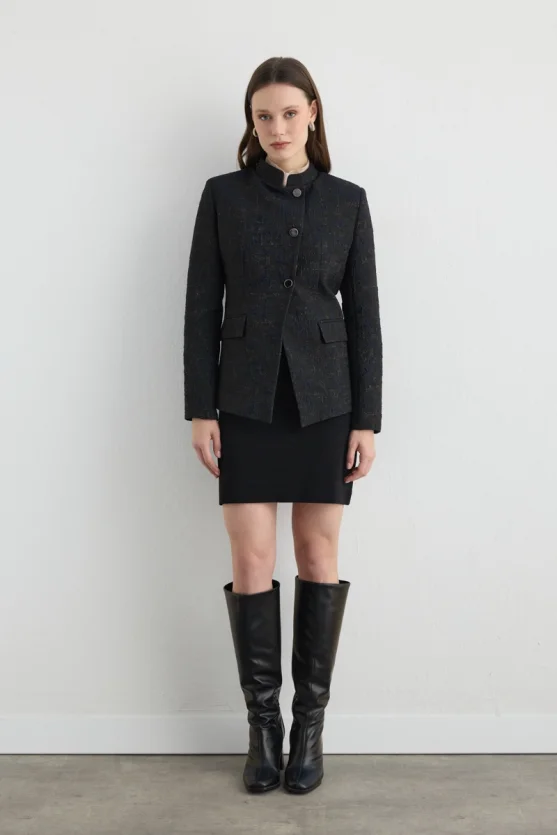 Mandarin Collar Jacquard Jacket Black - 3