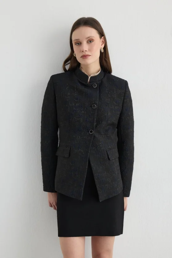 Mandarin Collar Jacquard Jacket Black - 1