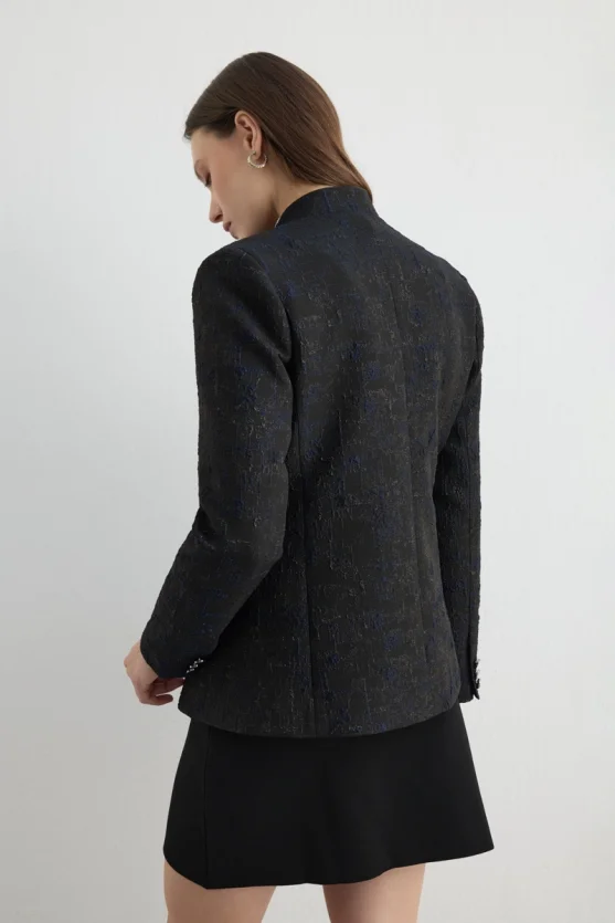 Mandarin Collar Jacquard Jacket Black - 7