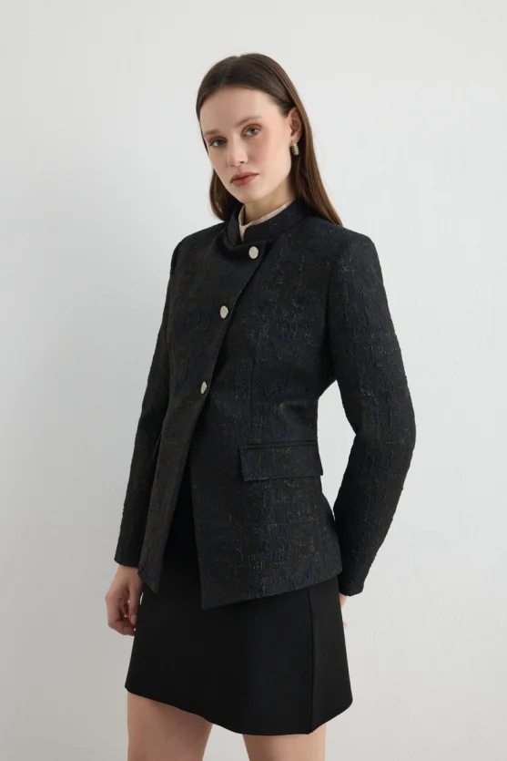 Mandarin Collar Jacquard Jacket Black - Gusto