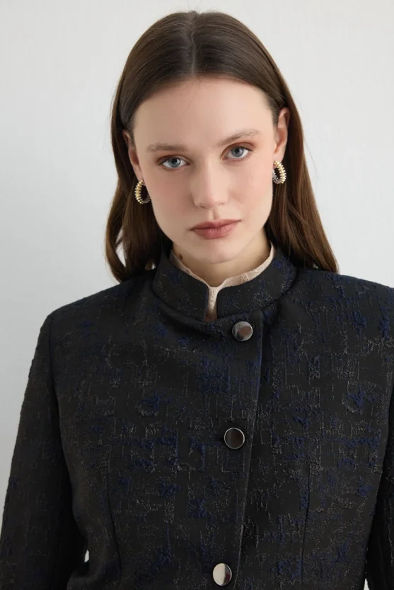 Mandarin Collar Jacquard Jacket Black - 2