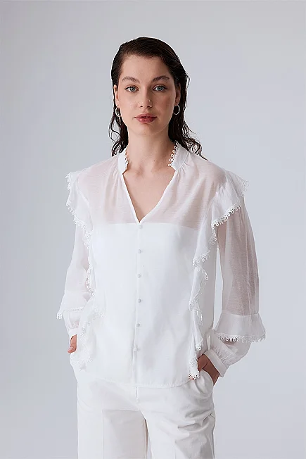Mandarin Collar Ruffle Blouse - White - Gusto