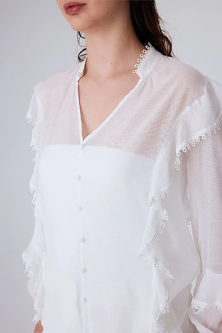 Mandarin Collar Ruffle Blouse - White - Gusto
