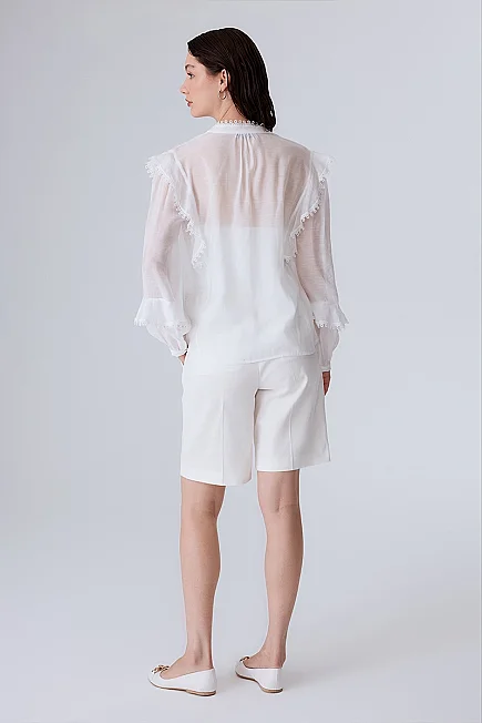 Mandarin Collar Ruffle Blouse - White - Gusto