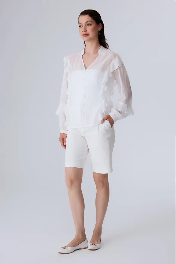 Mandarin Collar Ruffled Blouse - White - 2