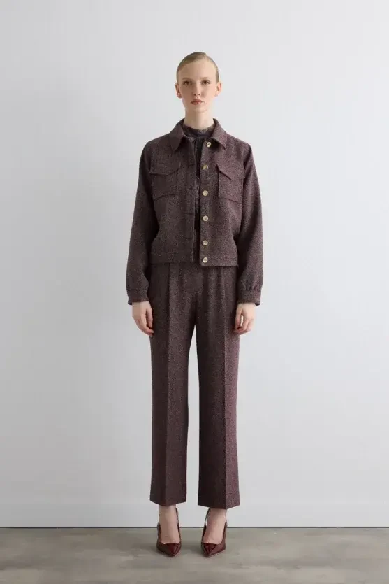 Marled High-Waist Pleated Pants - Burgundy - Gusto