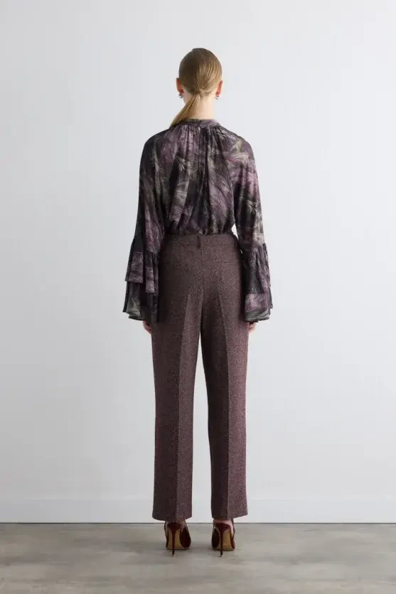 Marled High-Waist Pleated Pants - Burgundy - 5