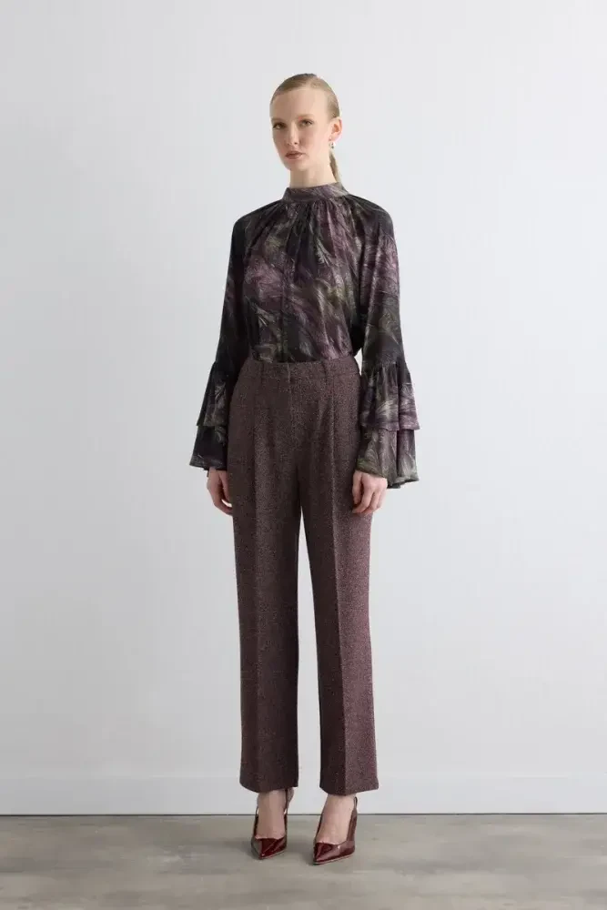 Marled High-Waist Pleated Pants - Burgundy - Gusto