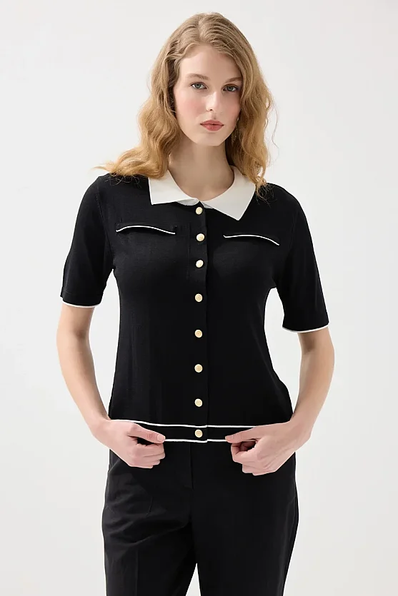 Mercerized Knit Polo Neck Blouse - Black - 1