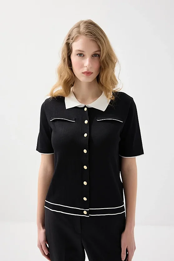 Mercerized Knit Polo Neck Blouse - Black - 3