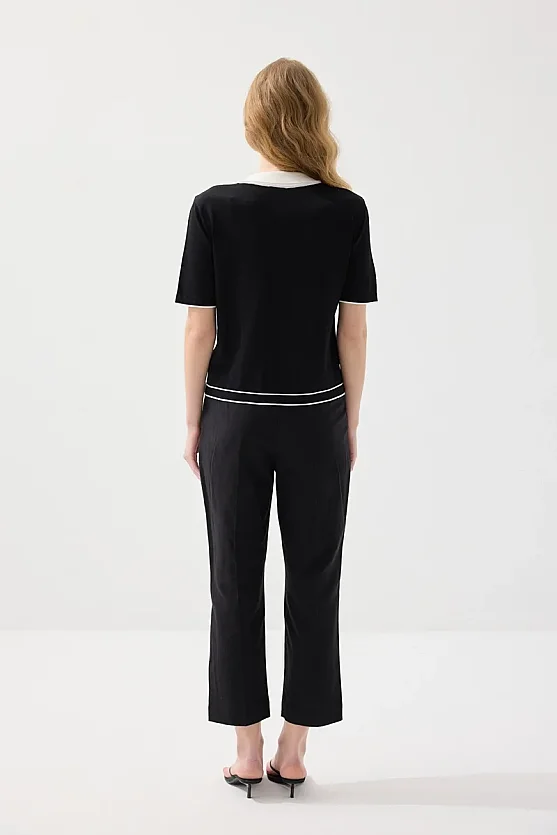Mercerized Knit Polo Neck Blouse - Black - 5
