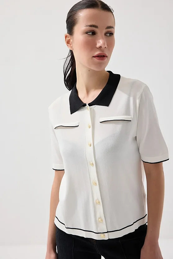 Mercerized Knit Polo Neck Blouse - White - 1