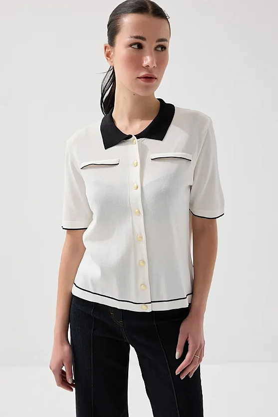 Mercerized Knit Polo Neck Blouse - White - 4