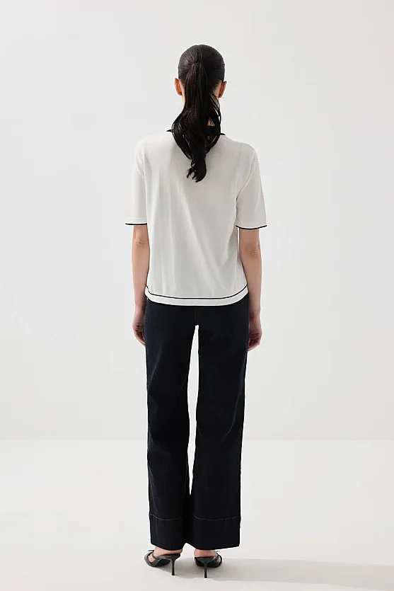 Mercerized Knit Polo Neck Blouse - White - 6