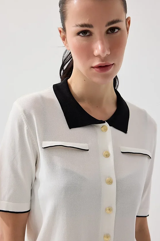 Mercerized Knit Polo Neck Blouse - White - Gusto