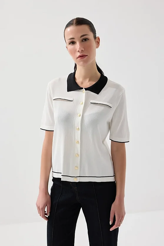 Mercerized Knit Polo Neck Blouse - White - Gusto