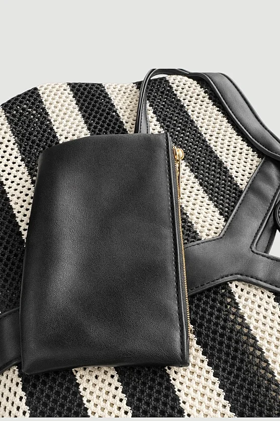 Mesh Straw Bag with Wallet Detail - Black - 2