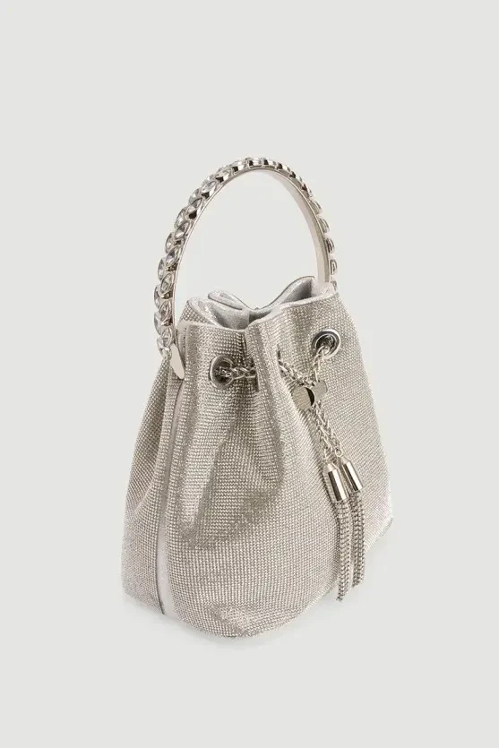 Metal-Strap Evening Bag with Stone Embellishments - Silver - 3
