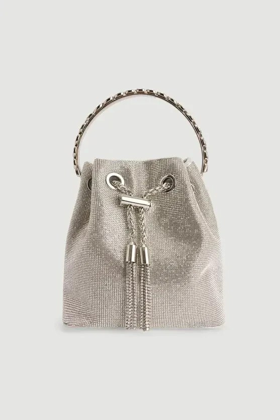 Metal-Strap Evening Bag with Stone Embellishments - Silver - 1