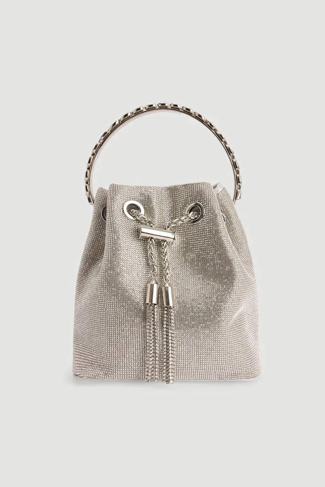 Metal Strap Evening Bag with Stone Embellishments Silver Silver