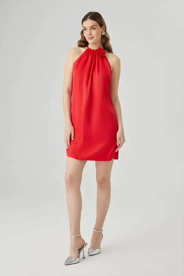 Mini Evening Dress with Rose Brooch - Red - 2