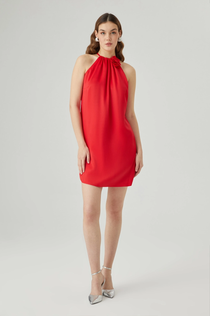 Mini Evening Dress with Rose Brooch - Red Red