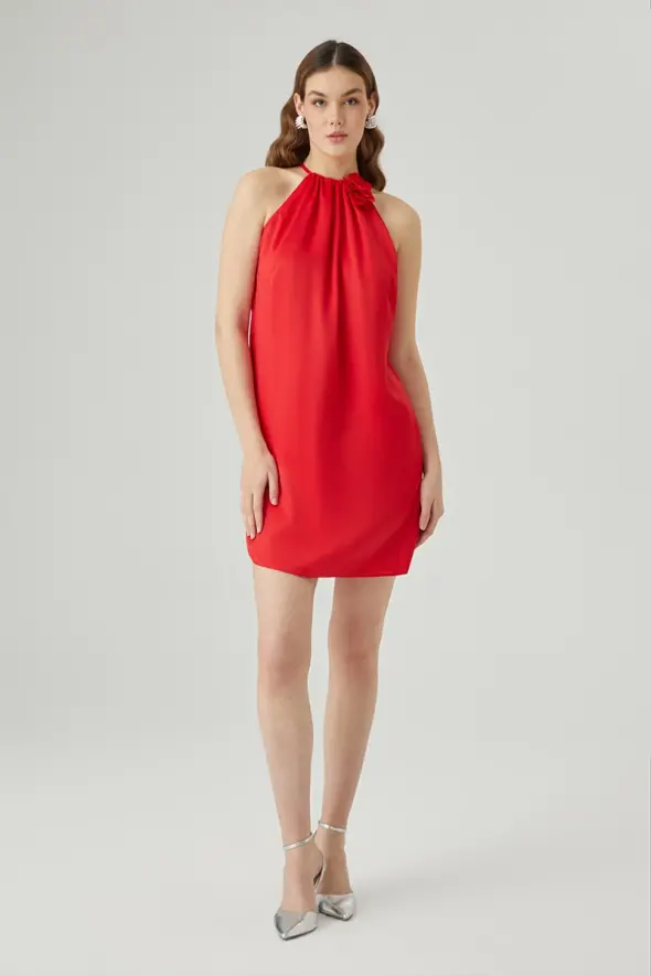 Mini Evening Dress with Rose Brooch - Red - 1