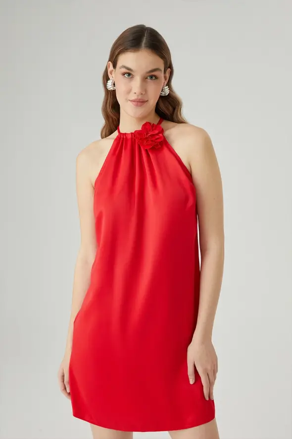 Mini Evening Dress with Rose Brooch - Red - 5
