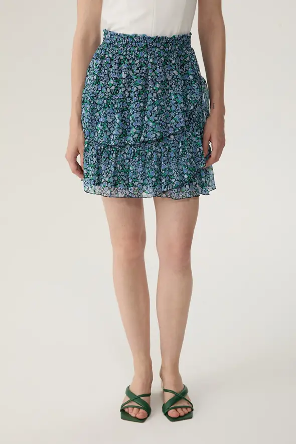 Mini Skirt with Floral Pattern - Blue - 1