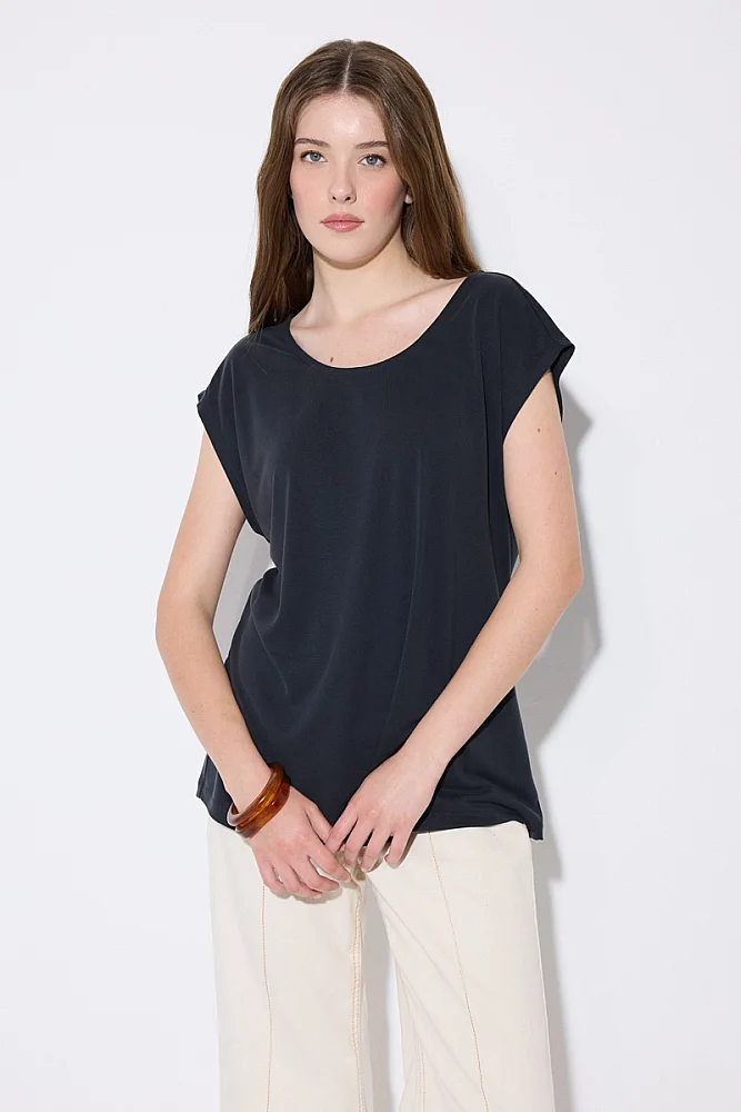 Modal Knit Blouse with V-Back - Black Black