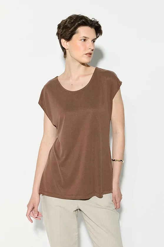 Modal Knit Blouse with V-Back Neckline - Brown - 2