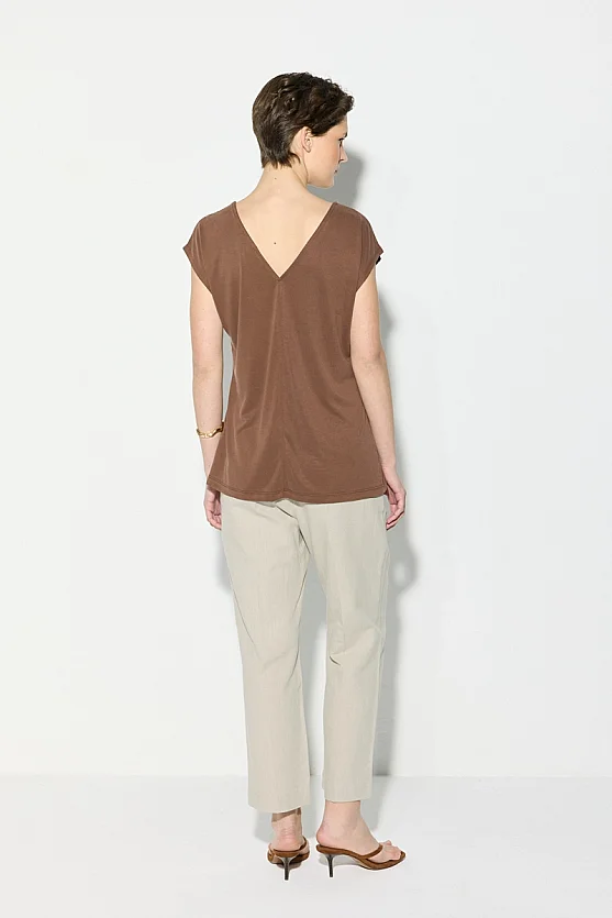 Modal Knit Blouse with V-Back Neckline - Brown - 5