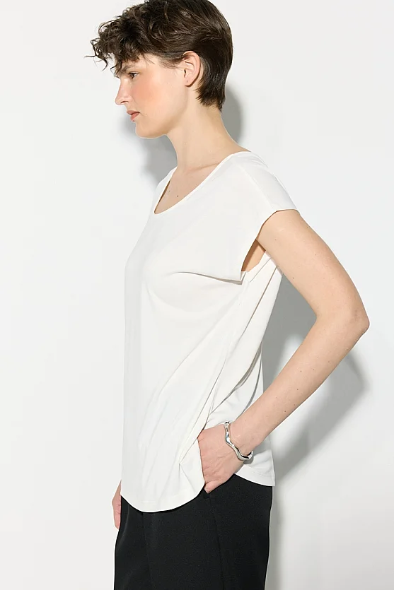 Modal Knit Blouse with V-Back Neckline - White - 5