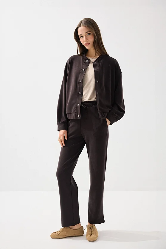 Modal Knit Bomber Jacket - Brown - 2