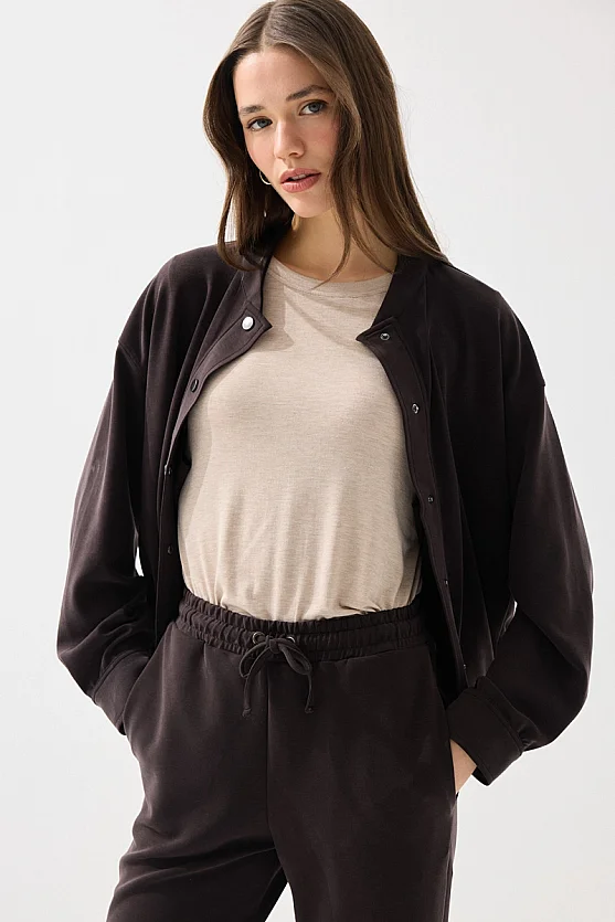 Modal Knit Bomber Jacket - Brown - 4