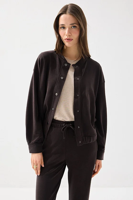 Modal Knit Bomber Jacket - Brown - 1