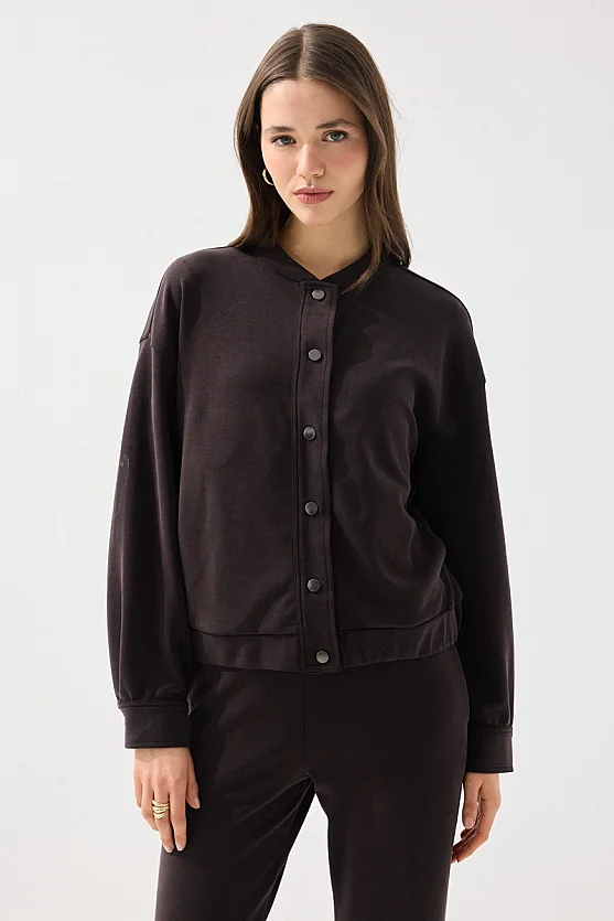 Modal Knit Bomber Jacket - Brown - 3