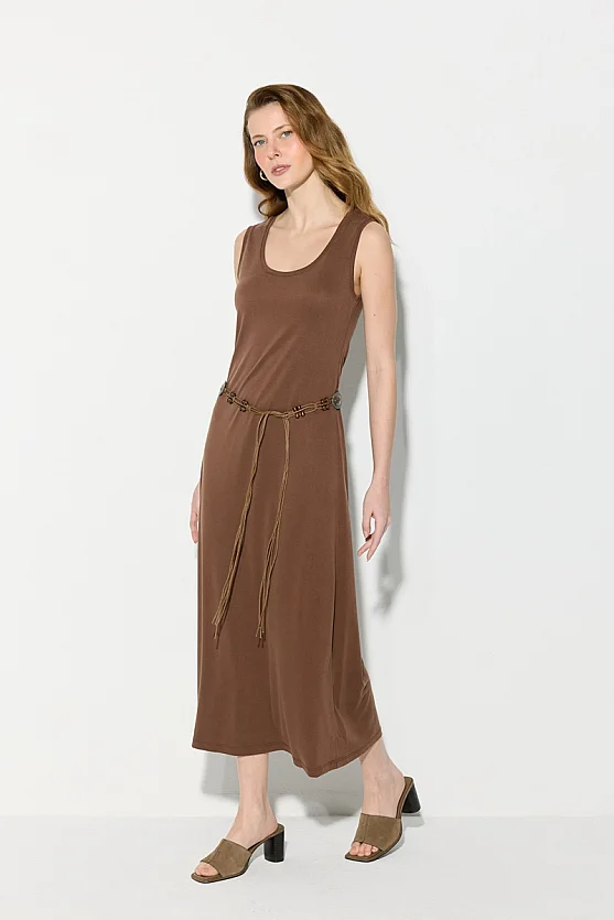 Modal Knit Midi Dress with Belt Detail - Brown - 1
