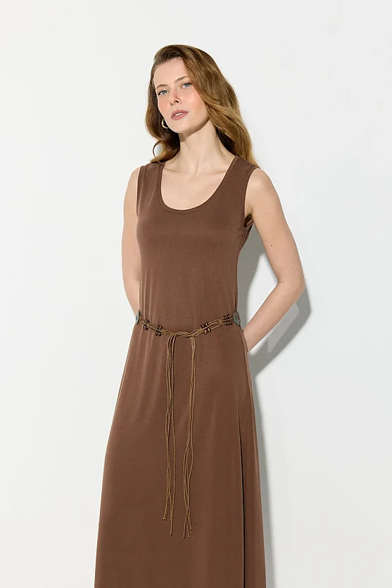 Modal Knit Midi Dress with Belt Detail - Brown - Gusto