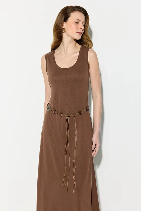 Modal Knit Midi Dress with Belt Detail - Brown - Gusto